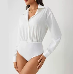 Sexy White Bodysuits Fashion Mature Women's Lapel Shirt Casual Single Breasted Long Sleeved Sexy Versatile Women's Bodysuits