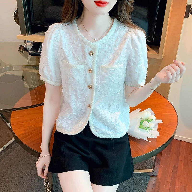 Summer Fashion Short Sleeve O-Neck Women Shirt Casual Lace White Blouse Shirt Women Tops Blusas Mujer De Moda 2024 Verano H610