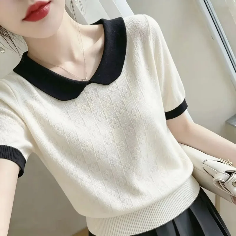 Womens Summer Color Block Peter Pan Collar Knit T Shirt Short Sleeve Ice Silk Blouse