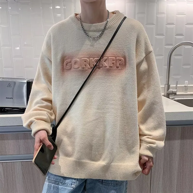 Sweaters Men Simple Trendy Chic Loose Round Neck Autumn Winter Letter Jacquard Tie Dye Japanese Style Teenagers Handsome Popular