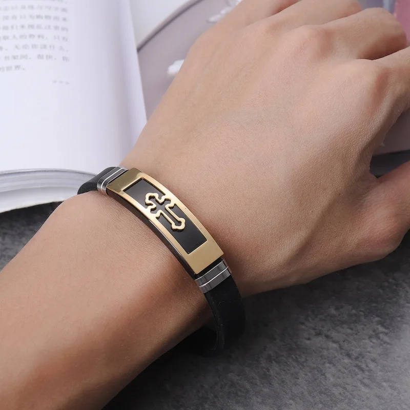 Stainless Steel Bracelet For Men Fashion Vintage Titanium Steel Cross Leather Bangle Cuff His Religious Bracelet Christmas Gift