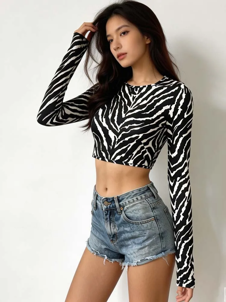 Zebra print print top round neck long sleeved women's T-shirt sexy backless design T-shirt short with exposed navel