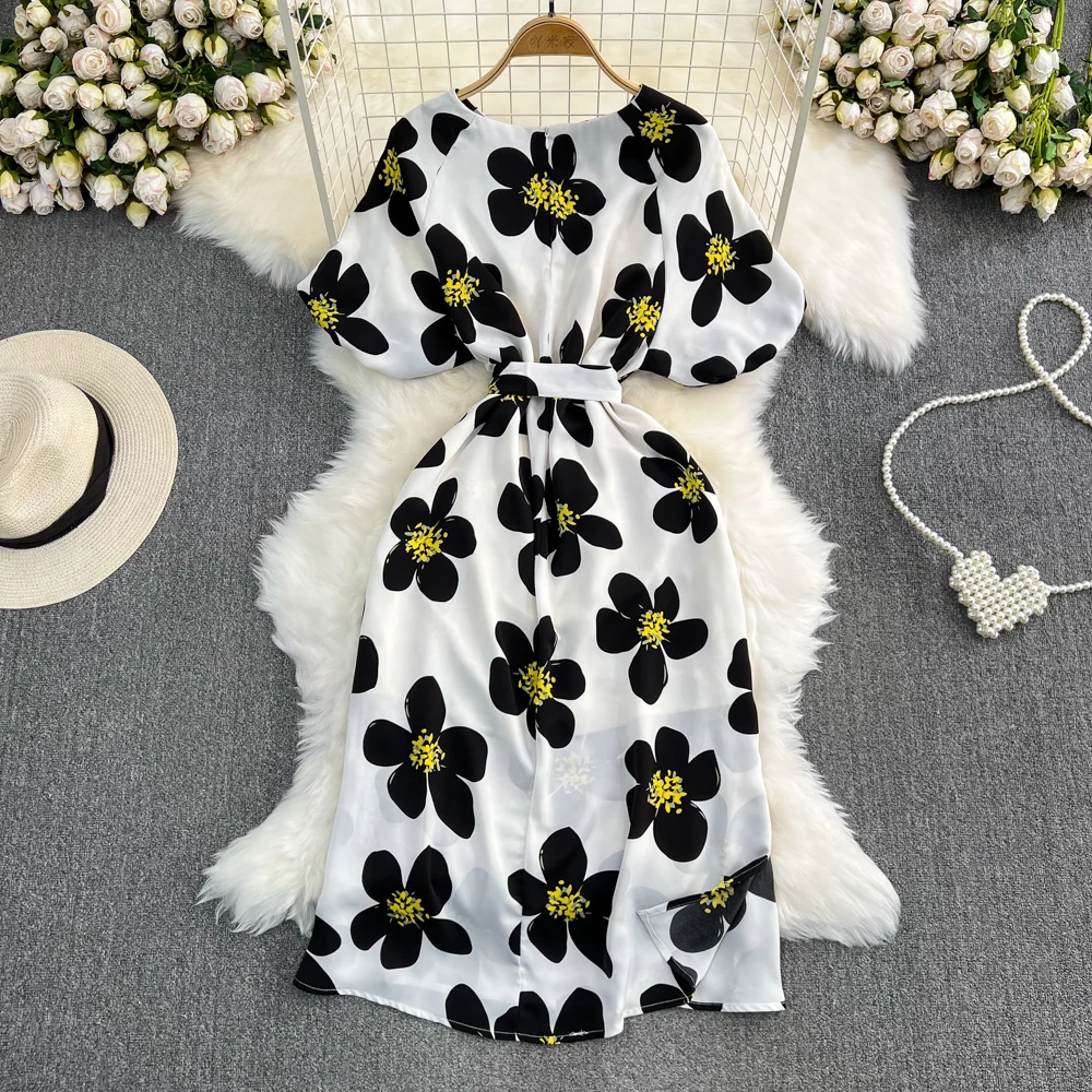 Foamlina 2024 summer French Ladies Flowers Print Short Puff Sleeve Round Neck Sash Lace Up A Line Midi Calf Casual Women\'s Dress