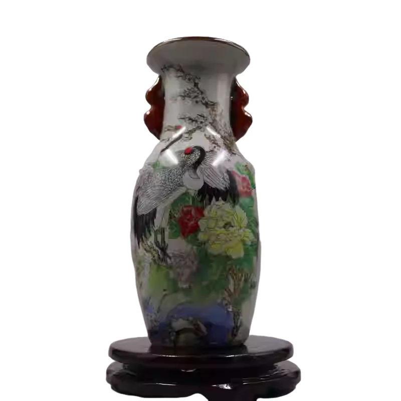 Vintage Famille Rose Elephant Ear Vase Crackle Fu Lu Shou Pattern Nostalgic Home Decor Collectible