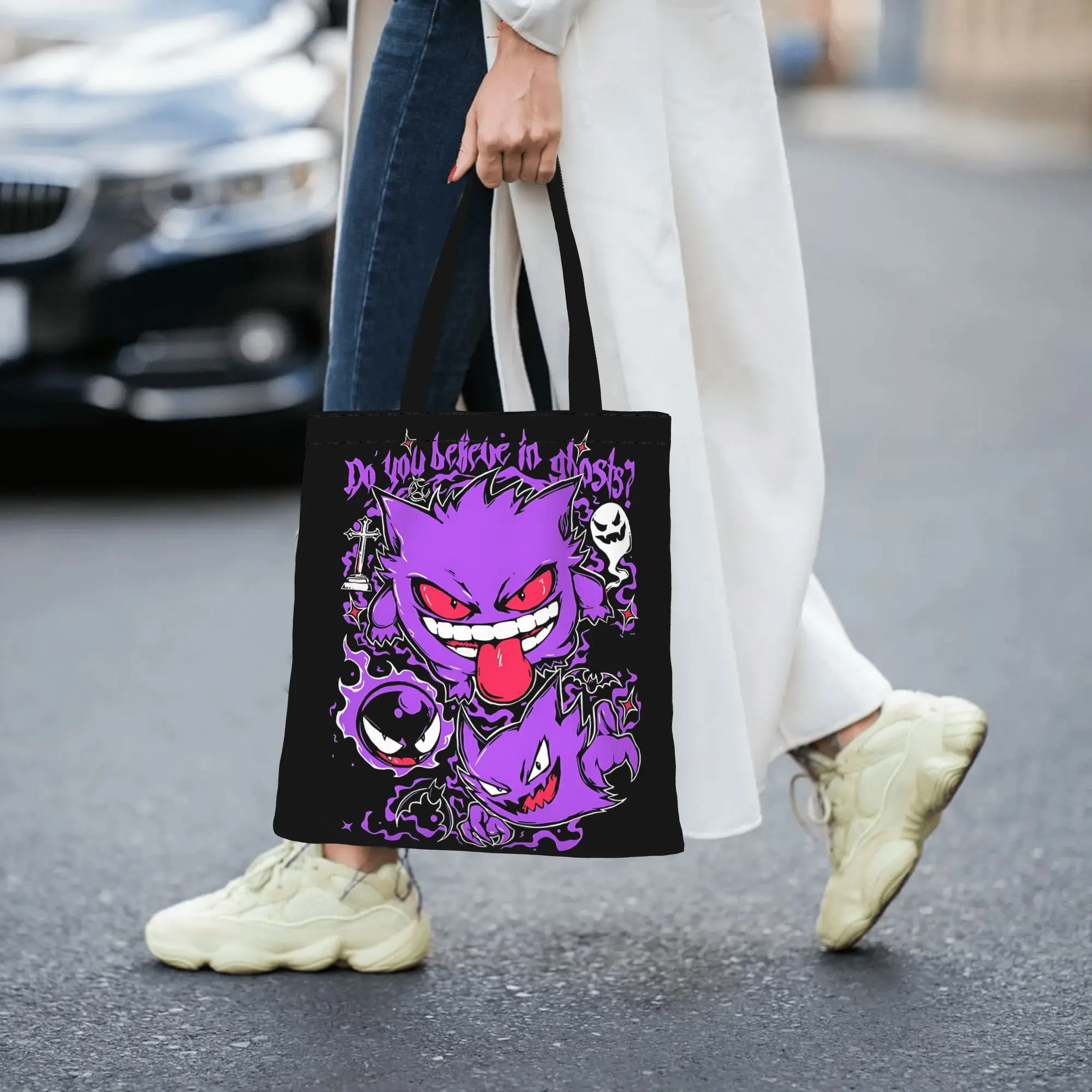 Customized Pokemon Women's Bag Shopping Bag Reusable Double Sided Canvas Tote Bag Shoulder Gengar Ghost Handbag