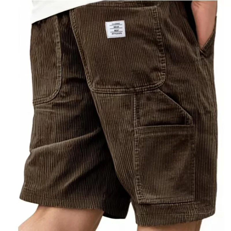 Men's Workwear Shorts Summer Casual Corduroy Loose Elastic Waist Multi-Pocket Leisure Pants Embroidery Retro Style Male Trousers