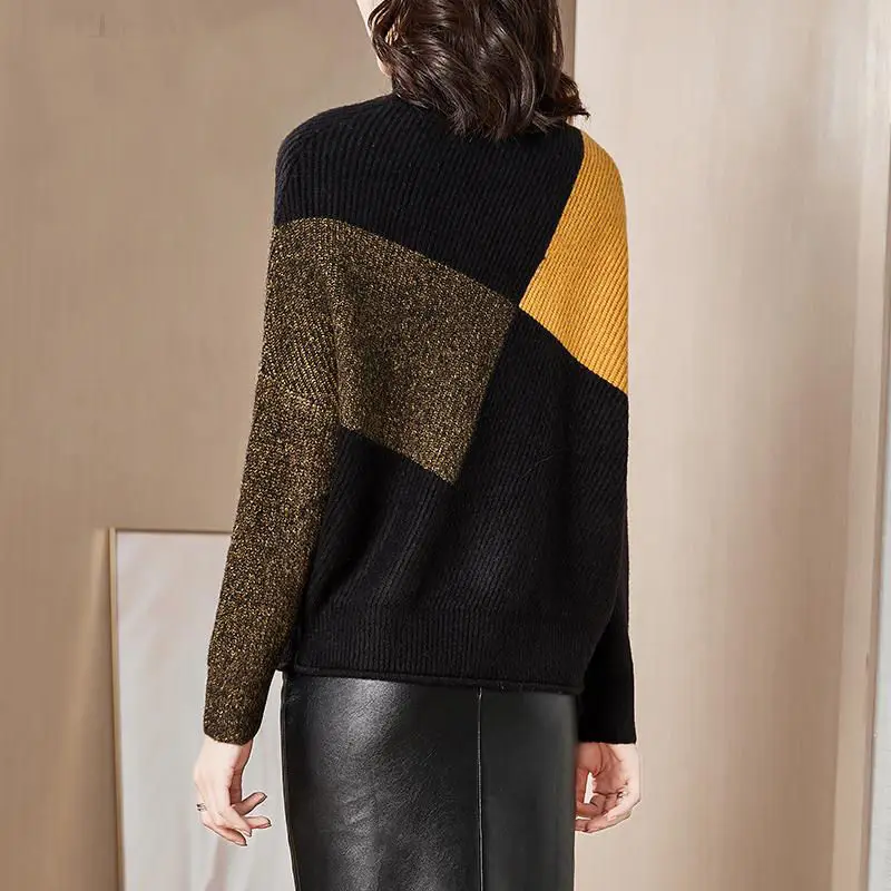 Autumn Winter Women Simple Turtleneck Sweater Color Block Fashion Loose Versatile Long Sleeve Knit Bottoming Casual Pullover Top