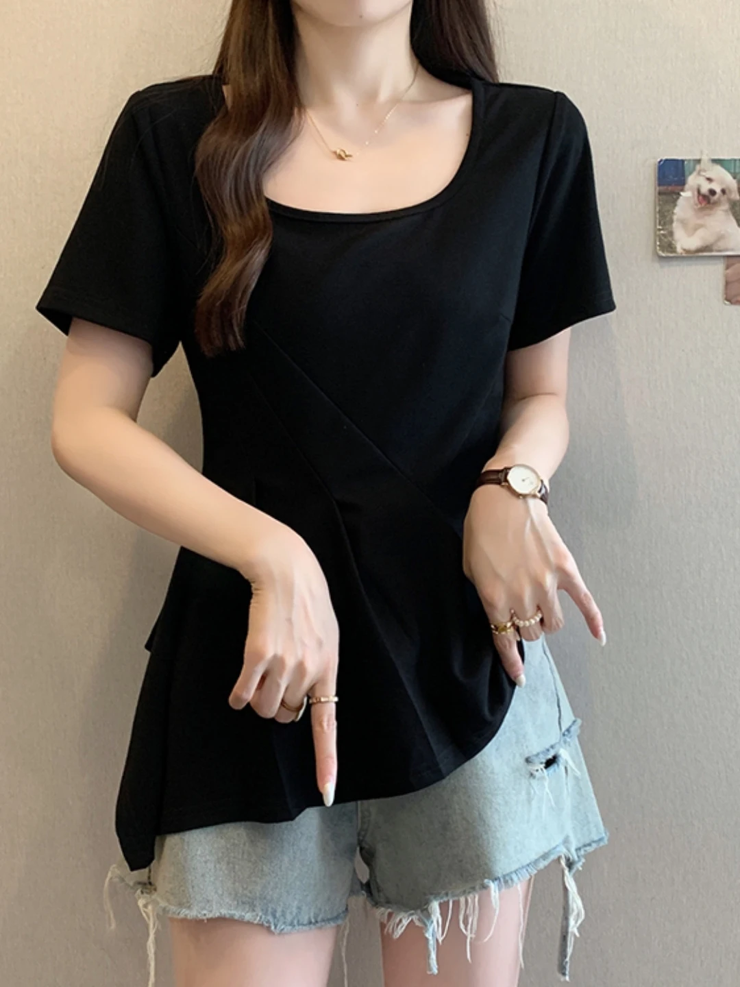 Unique Short Sleeve T-Shirt Women's Summer plus Size Conceal Belly Beautiful Flounce Irregular Korean Style Straight Cut Top