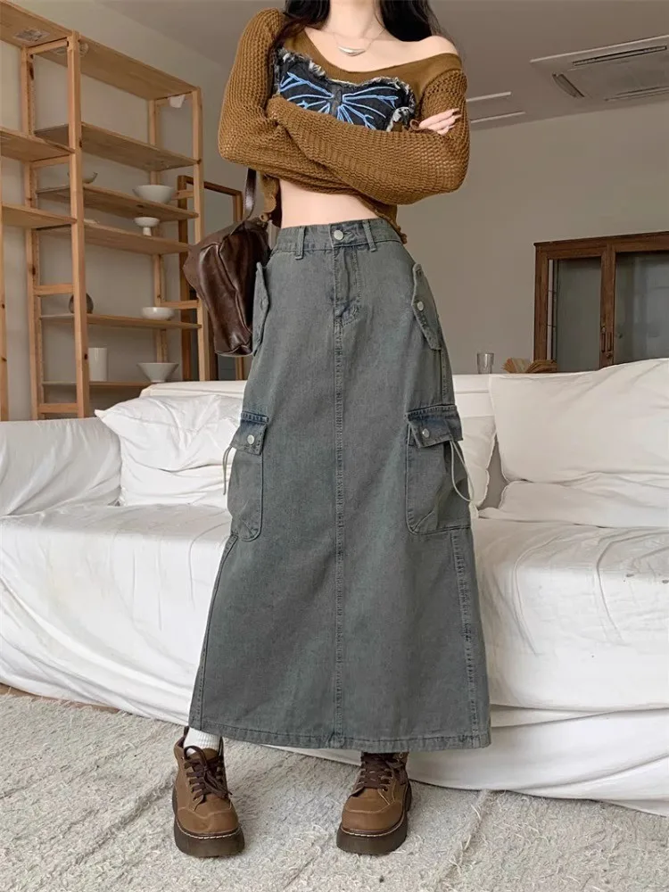 

GUUZYUVIZ Retro Side Pocket A-line Jeans Skirts Woman Y2k Streetwear 2024 New Casual High Waist Grey Split Cargo Skirt Femme