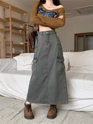 GUUZYUVIZ Retro Side Pocket A-line Jeans Skirts Woman Y2k Streetwear 2024 New Casual High Waist Grey Split Cargo Skirt Femme