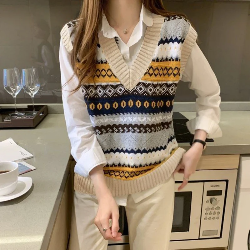 

Spring Autumn Loose Casual V-neck Patchwork Sweater Vest Women Sleeveless All-match Knitting Pullover Female Vintage Jumper Top
