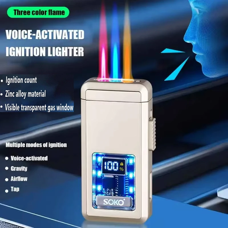 

Тройная газовая зажигалка с голосовым управлением, ветрозащитная, с четырьмя режимами зажигания, защитой от случайного включения, для свечей, кемпинга, мужской подарок