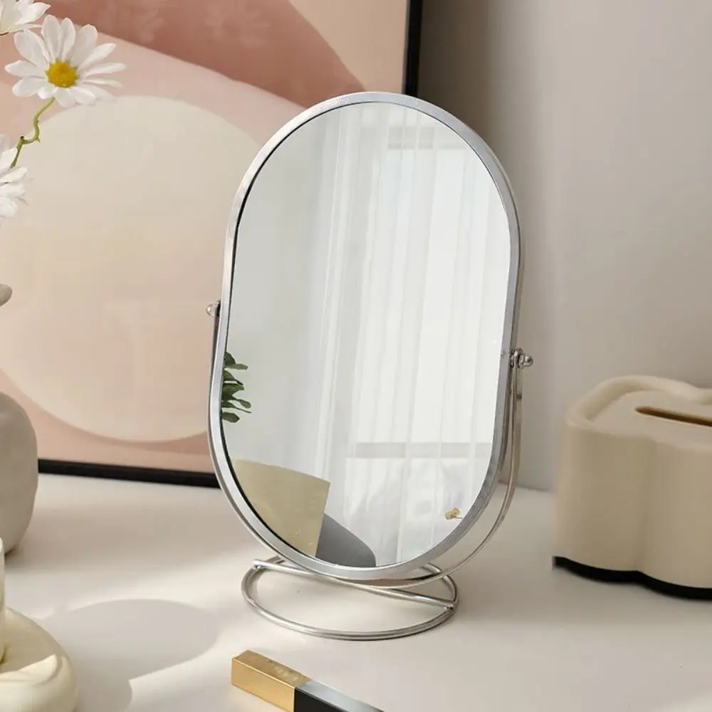 Iron Art 360° Rotatable Makeup Mirror Light Luxury Iron Frame Vanity Mirror Oval High Definition Desktop Stand Mirror Women