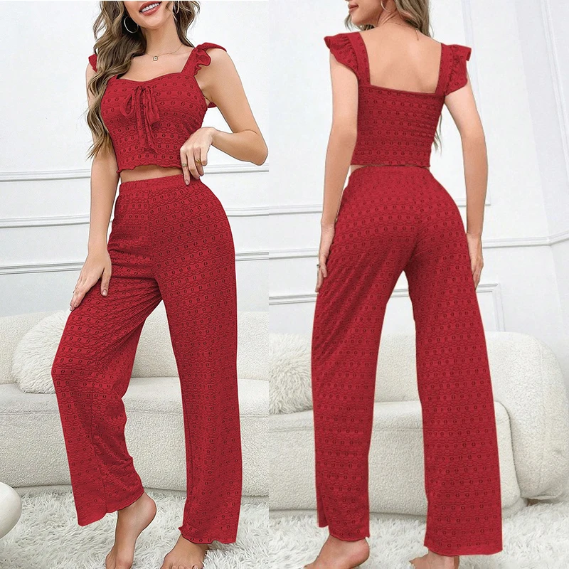 

Sweet Loungewear Spring Summer New Xiaofei Sleeves Pajamas Women's Suit Lace Suspender Vest Trousers Two-piece Set