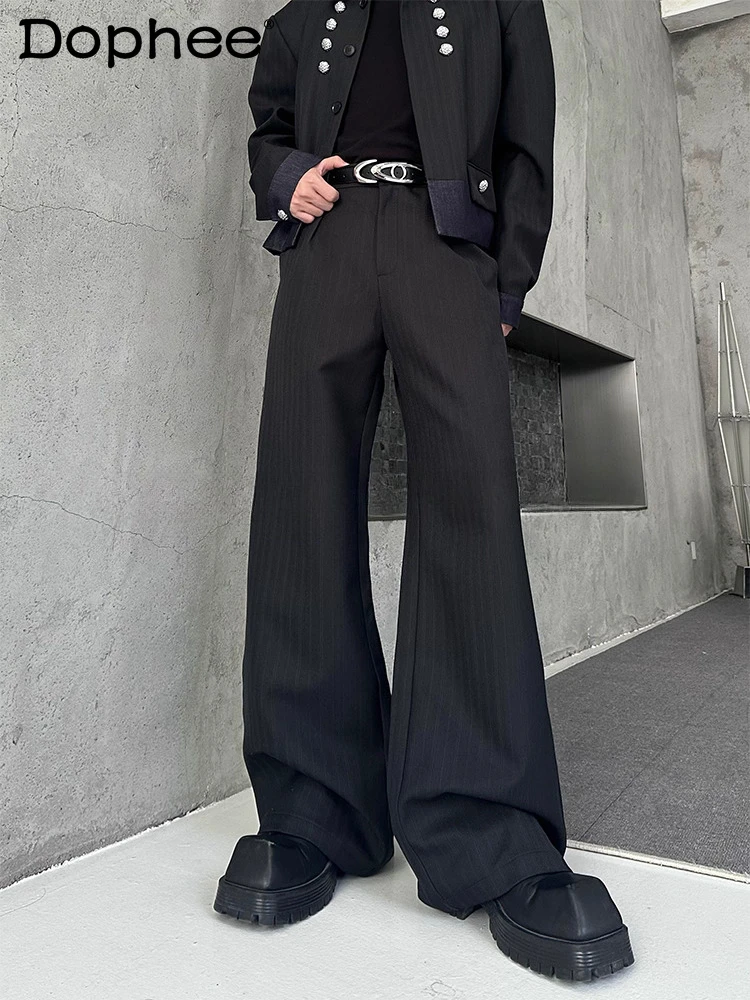 

2025 Men's Winter New Flared Long Pants High-End Three-Dimensional Slim Fit Striped Wide-Leg Trousers Male Fashion Chic Pants