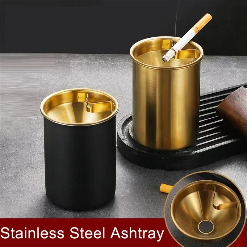 1‑Pcs Round Wind‑Proof Stainless‑Steel Ashtray with Lid, Smokeless Cigar Ash Holder for Indoor and Patio Use
