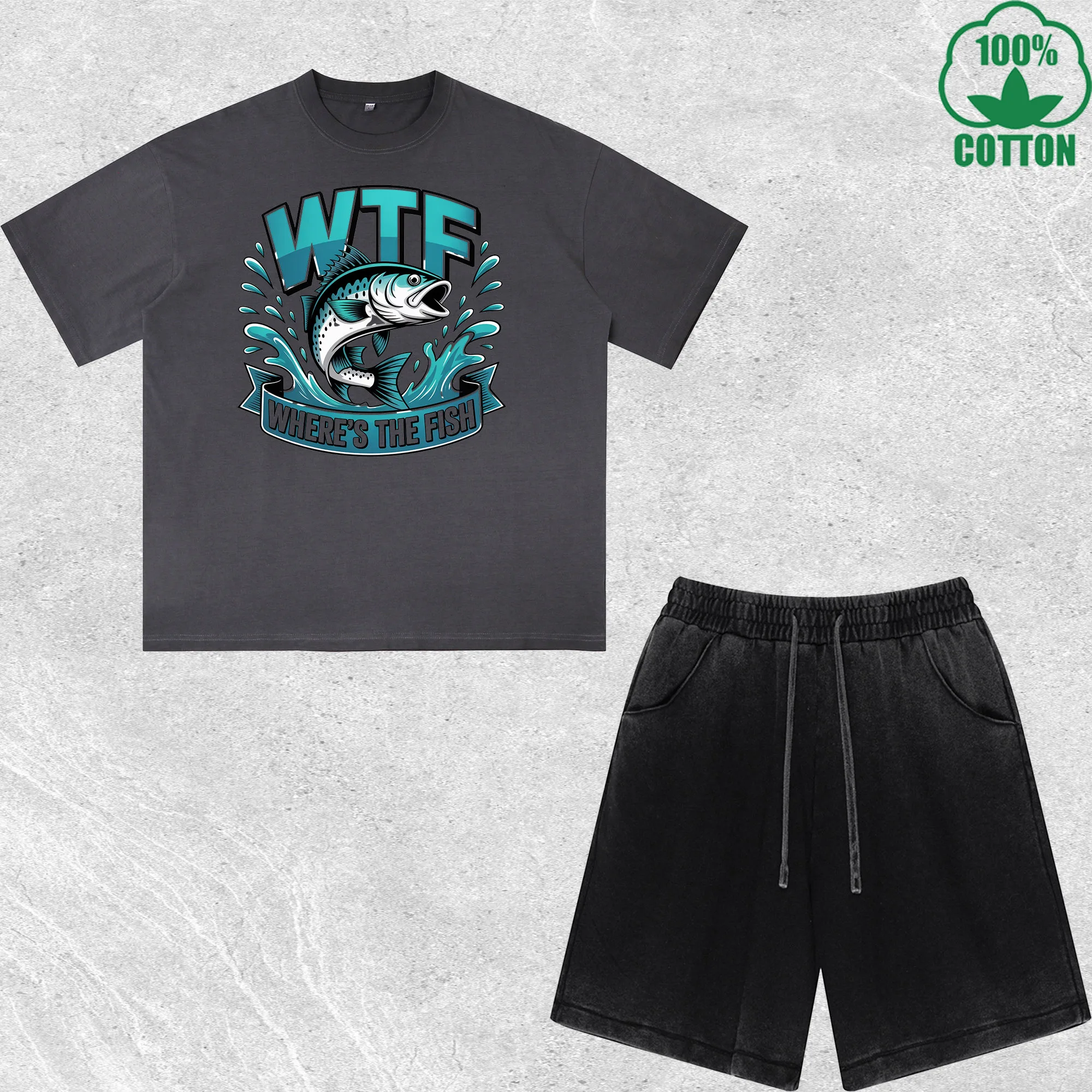 

Fishing Chance Printed Dirty Wash T-Shirt Shorts Set Multicolor Combo Loose Trendy Fashionable 100%Cotton