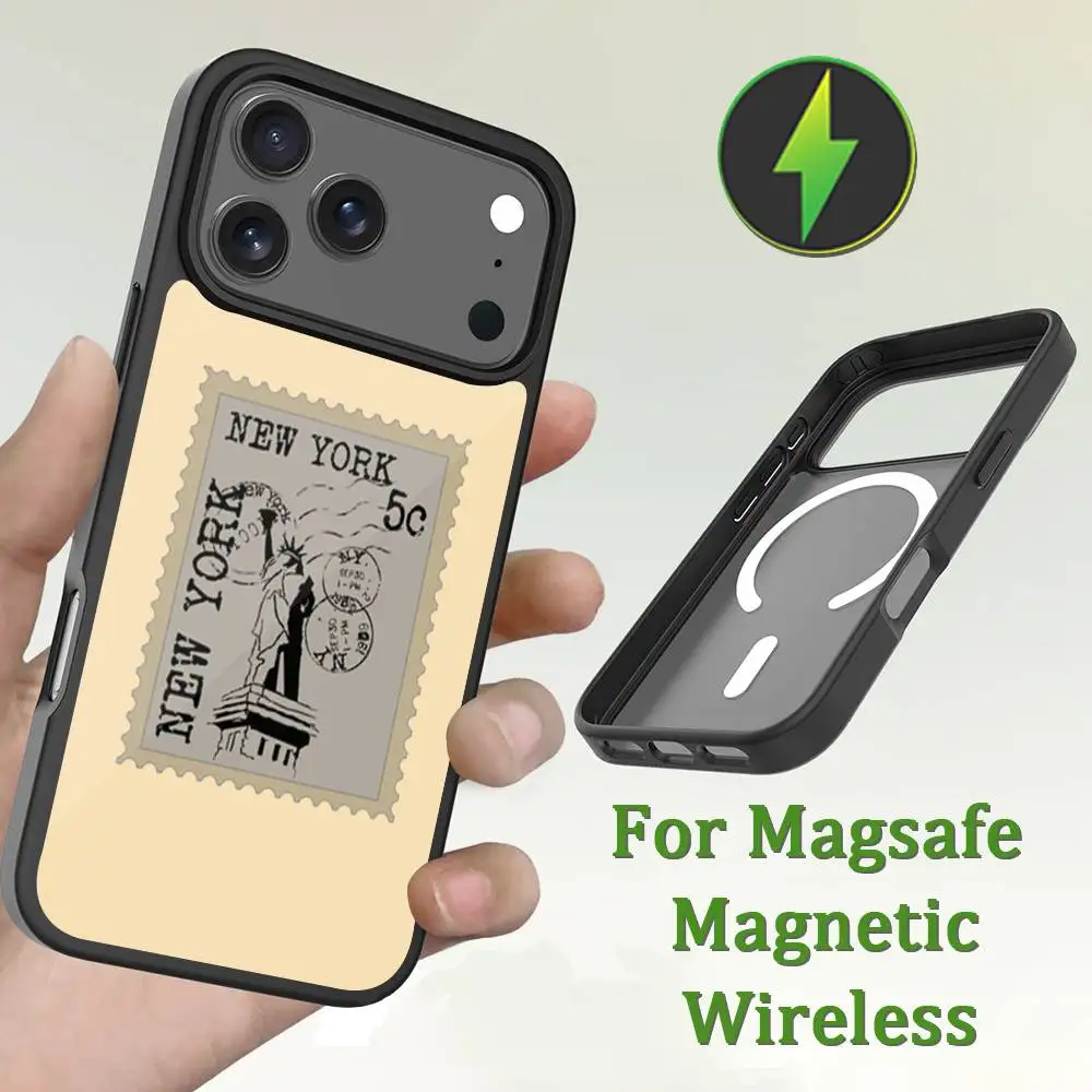 Funda de teléfono con sello artístico de billete de viaje para iPhone 13,12,11,16,15,17,14,Pro,Max,Plus,Mini,Magsafe, carga inalámbrica magnética