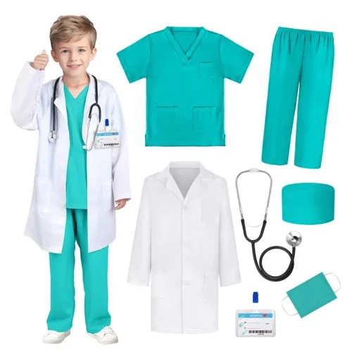 Imagen 1 del producto 7 Uds. Conjunto de disfraz de médico quirúrgico con cuello en V para niños traje quirúrgico médico enfermera Cosplay bata médica con estetoscopio