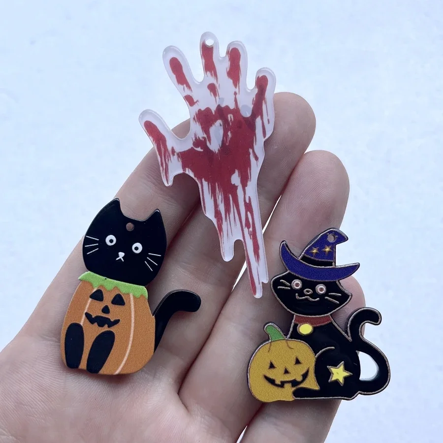 6pcs/lot Halloween Pumpkin Cat Red ghost Hand decorative pendant Scrapbook diy Earring necklace Holiday party decorative pendant