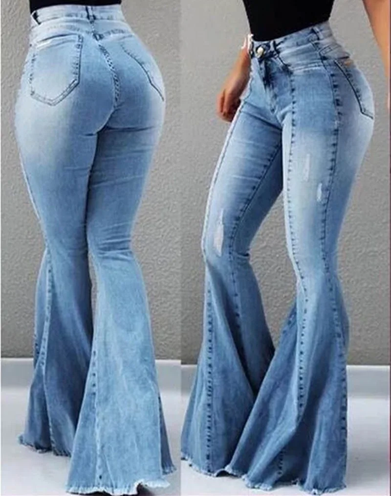 Boutique stretch high waist worn-out denim flare pants women's denim pants