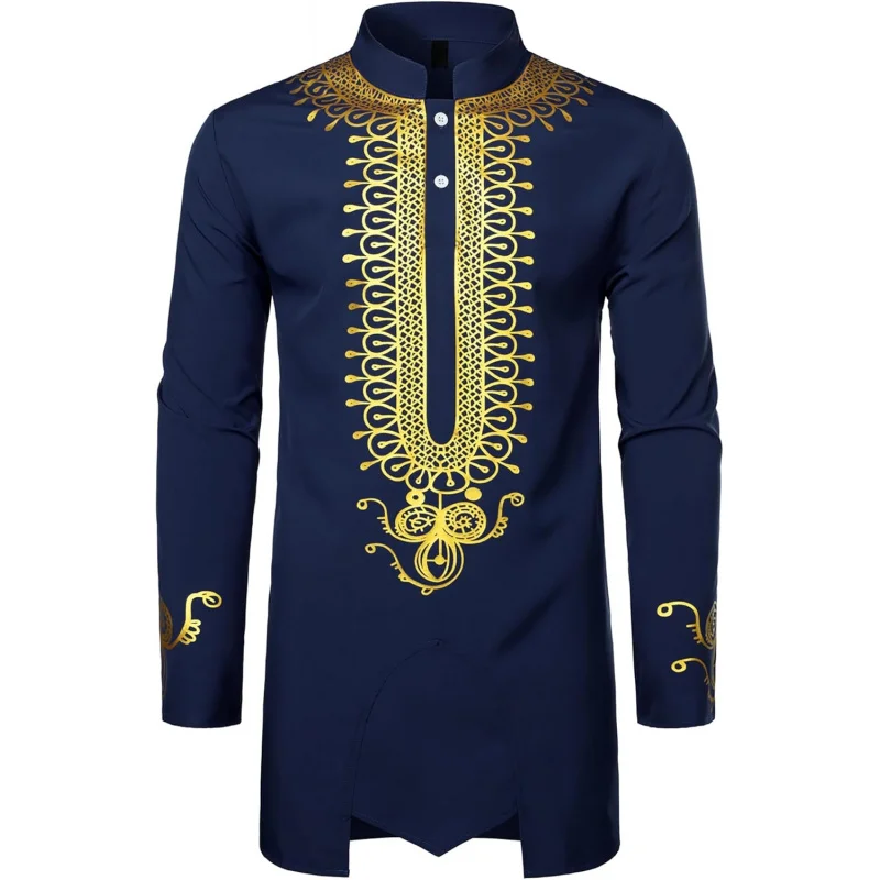 

Men's Traditional African Long Sleeve Dashiki Shiny Pattern Printed Dazzling Shirt