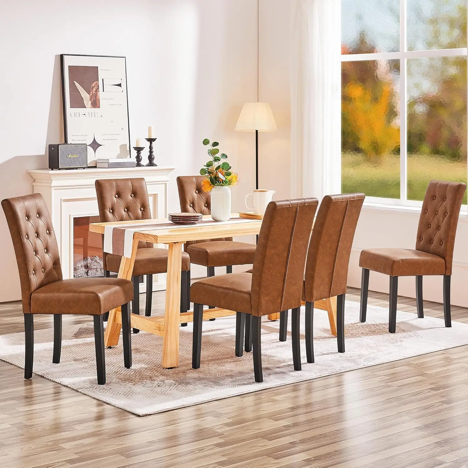 Retro Brown Leather Dining Chairs for Dining/Living Room/Restaurant, Button Tufted High Back and Solid Wood Legs