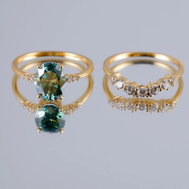 S925 Silver Plated with 18K Gold, Lab-Grown Gemstone Green Oval Moissanite 2-in-1 Combination Wedding Ring Set – Customized