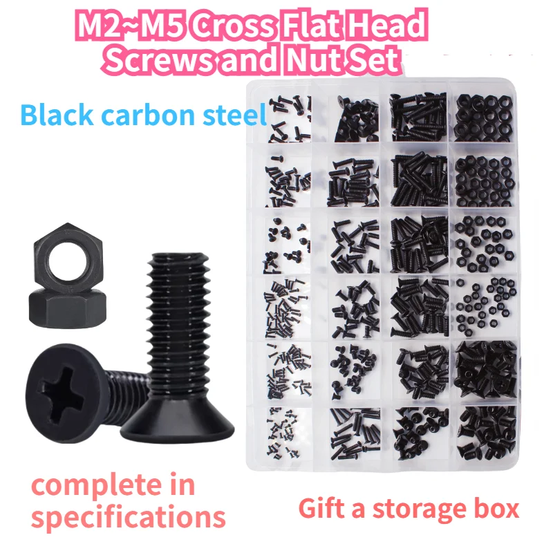 M2 M2.5 M3 M4 M5 Black Carbon steel Allen Hexagon Hex Socket Flat Countersunk Head Screw Bolt Nut Set Kit Box