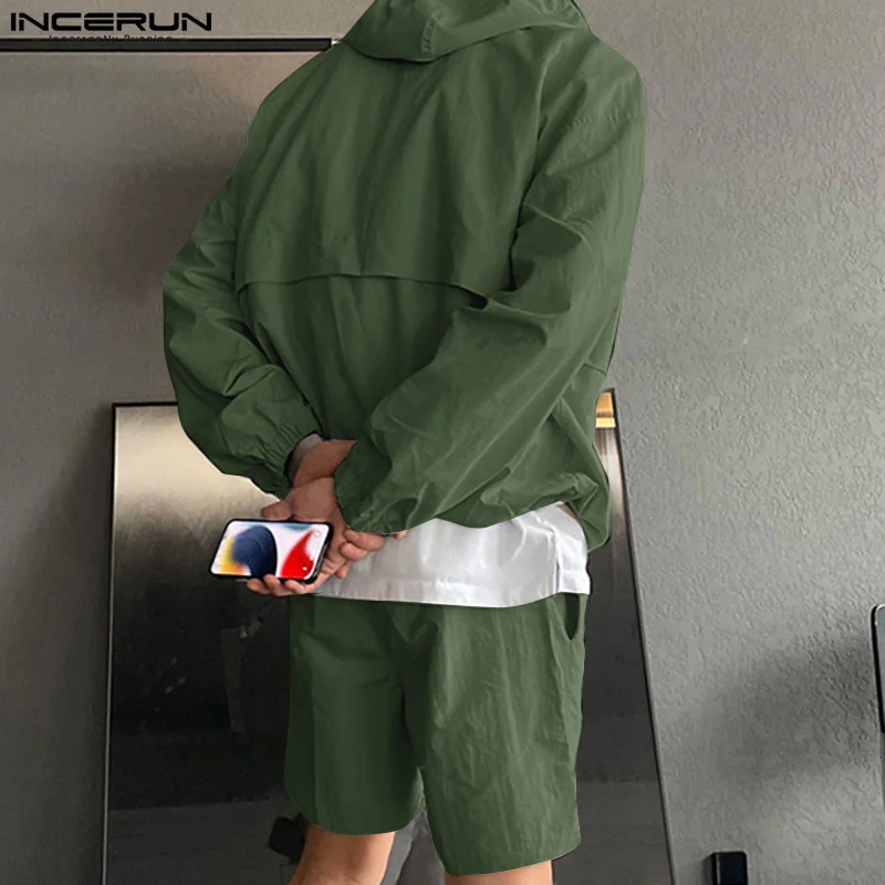 INCERUN Men Sets Solid Color Hooded Long Sleeve Zipper Sweatshirts & Shorts 2PCS Loose Streetwear 2024 Workout Men Casual Suits