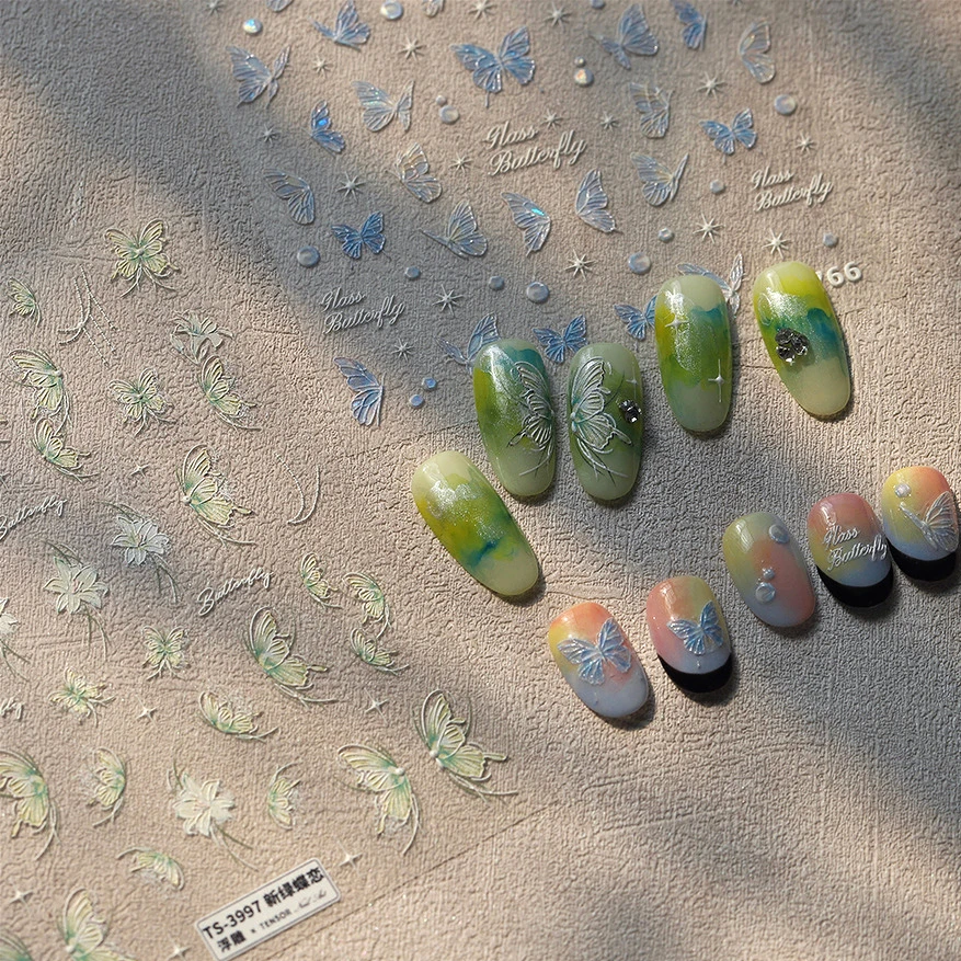 

Green Blue Glass Butterfly Lily Flowers Star Line Water Droplet Charming Shiny Self Adhesive Nail Art Stickers Manicure Decals