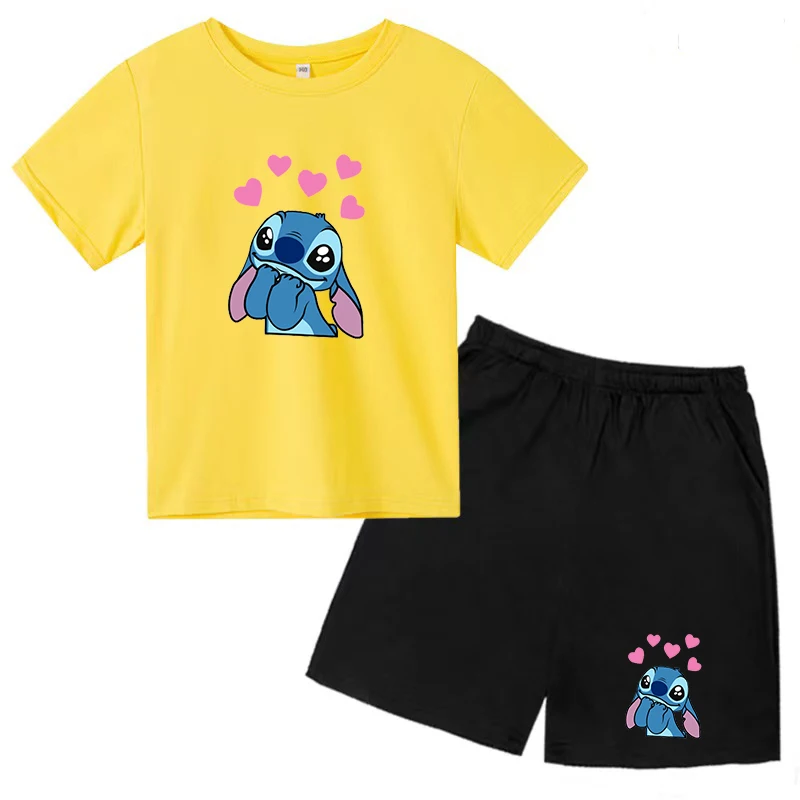 

Children's T-shirt 3-12Y Stitch Anime Print Boys Girls Preschool Top+Casual Shorts 2P Pretty Girl Party Charming Gift Sports Set