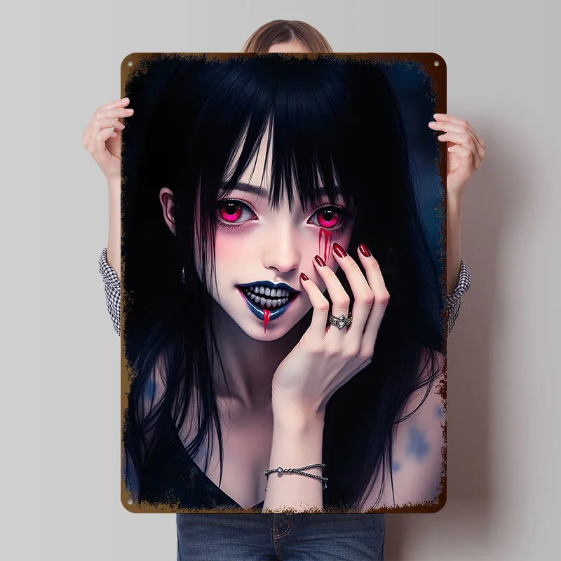 Anime Vampire Girl With Red Eyes Poster Customized Vintage Metal Signs Wall Art Retro Tin Plaque for Luxury Decoration Gaming