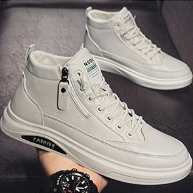 Men leather casual shoes 2024 new fashionable and comfortable soft leather men high top casual side zipper mid top sports shoes