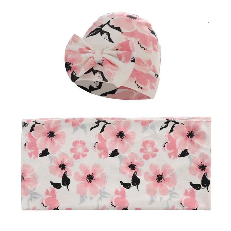 Newborn Baby Cotton Swaddle Blanket Hat Bowknot Two-piece Set Hospital 2pcs Sets Girls Floral Swaddle Wrap