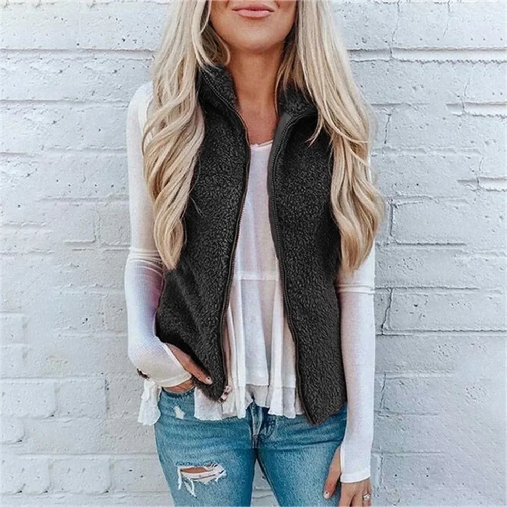 2025 Women's Vest Stand Collar Zipper Cardigan Jacket Fashion Solid Color Plush Warm Autumn and Winter Casual Coat