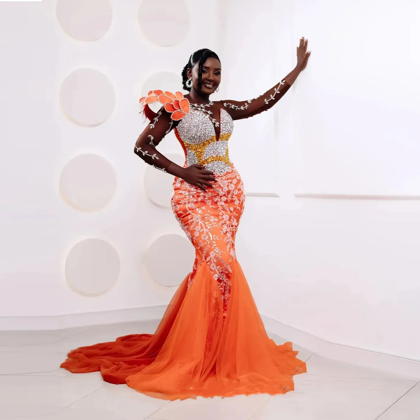 Luxo laranja sereia vestido de baile tule aso ebi ilusão vestidos de noite robe de soiree sheer neck mangas compridas frisado renda