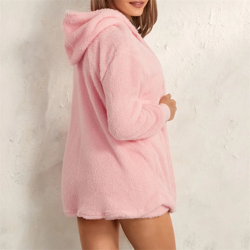 Warm Winter Plush Sleepwear 3Pcs Women Solid Lowcut Neck Tank Tops Drawstring Shorts + Long Sleeve Hoodies Cardigan Loungewear