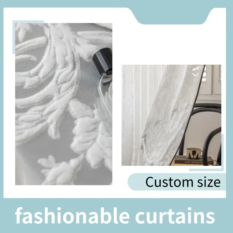 French Black Edge Three-dimensional Relief Embroidered Sheer Curtains For Living Room Bedroom Dining Luxury Blackout White Tulle