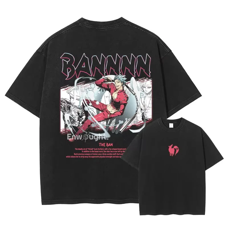 Anime Seven Deadly Sins T Shirt Ban Meliodas Vintage Washed T-shirt Manga Graphic Short Sleeve Tees Men Women Cotton Casual