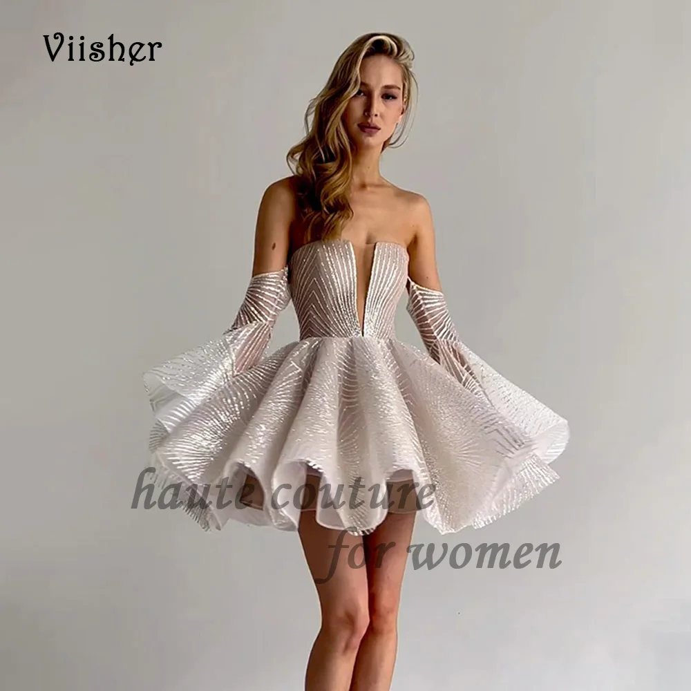 

Viisher Sparkly Short Prom Dresses with Sleeve A Line Strapless Evening Party Dress Lace Sequins Tulle Formal Gowns