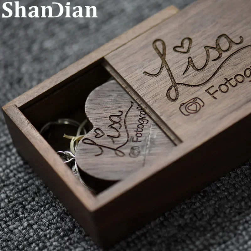 Heart Wedding Photography Gifts USB Flash Drive Free Custom Logo Wooden Pen Drive Real Capacity Memory Stick 64GB/32GB U Disk