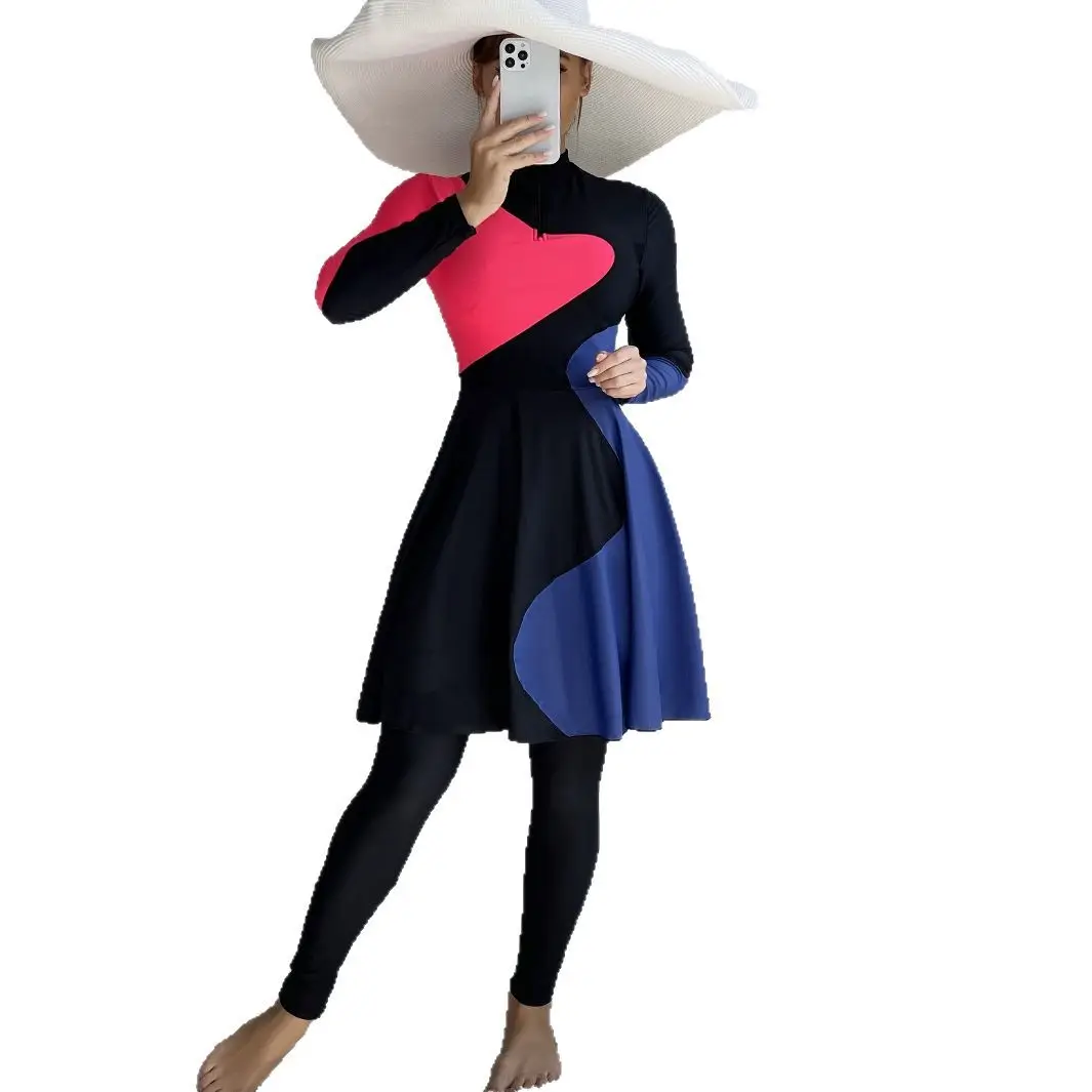 Скромные купальники для мусульманских женщин, новые буркини, 2 шт., все купальники, длинное платье и длинные трусики, синие и красные лоскутные буркини