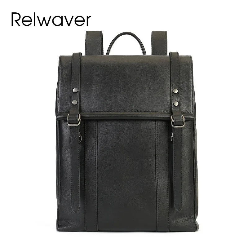 Relwaver men women backpack genuine leather backpack 2025 spring big capacity travel backpack black cover business backpack