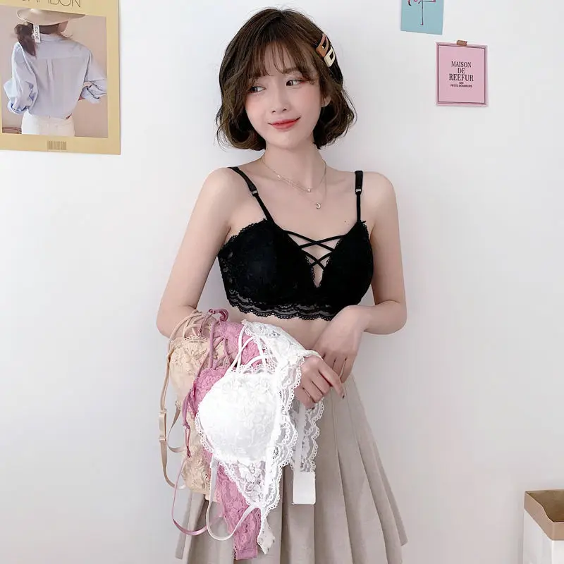 Korean Style Lace Front Cross Sexy Tube Top Underwear Wireless Push up Wrapped Chest Trending Girl Bra Student Inner