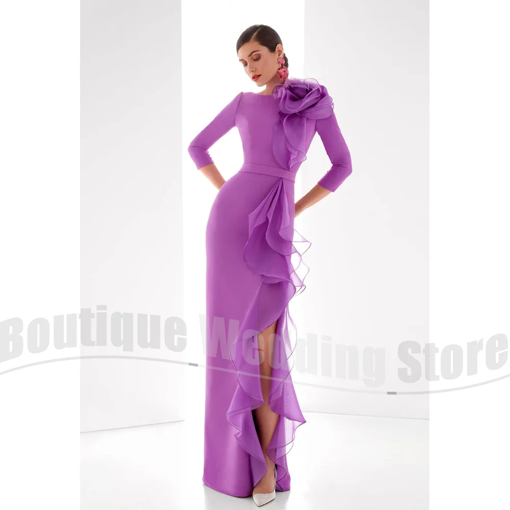 

Evening Dresses for Women Ruched Flower Pleated Party Gowns Fashion O-Neck Long Sleeves Side Slit Floor Length Prom Dresses