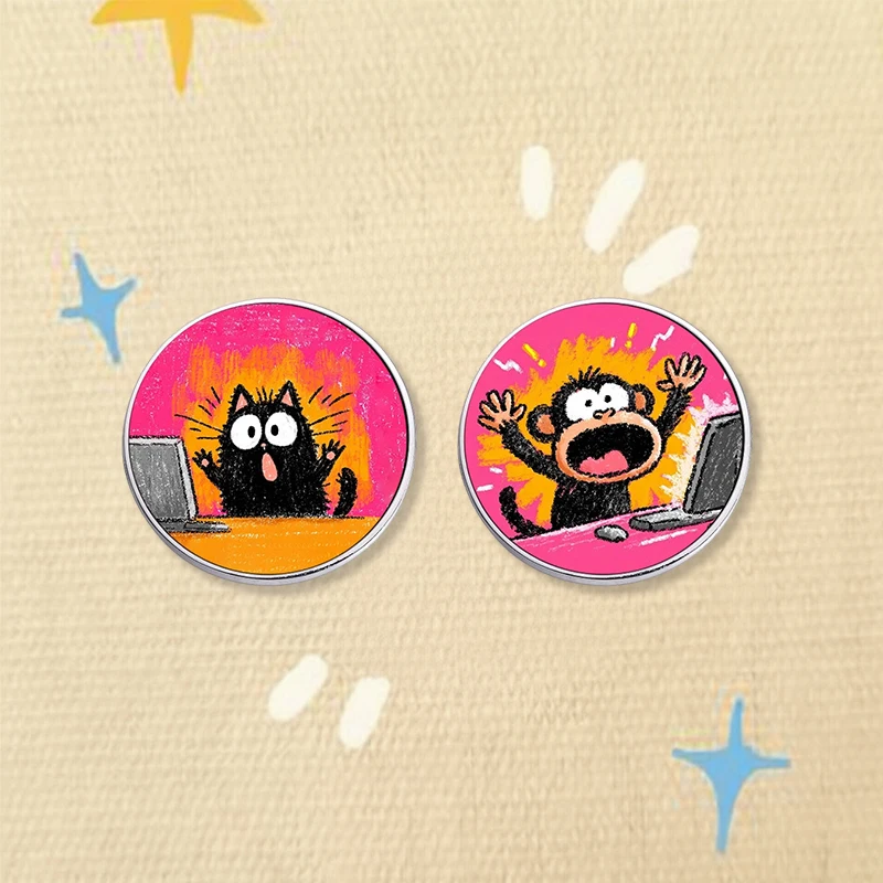 Shocked Black Cat Screaming Monkey UV Printing Pin Hilarious Work Stress Meme Brooch Backpack Lapel Badge Jewelry Gifts