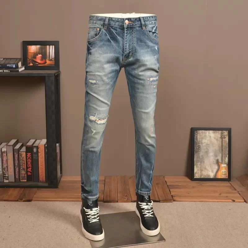 Fashion Streetwear Men Jeans Retro Blue Plain Wash Elastic Slim Ripped Jeans Men Patchwork Designer Vintage Denim Pants Hombre