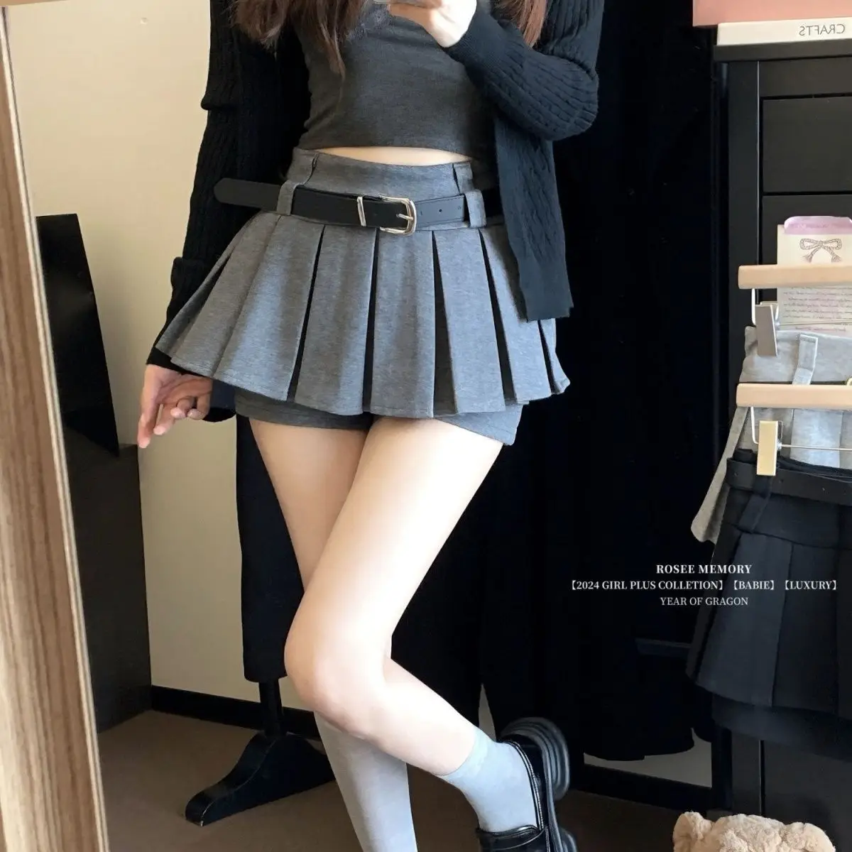 Trendy Pleated Skirt Spring/Summer High-Waisted Versatile Slimming A-Line Short Skirt for Skirt Shorts (with a free belt)