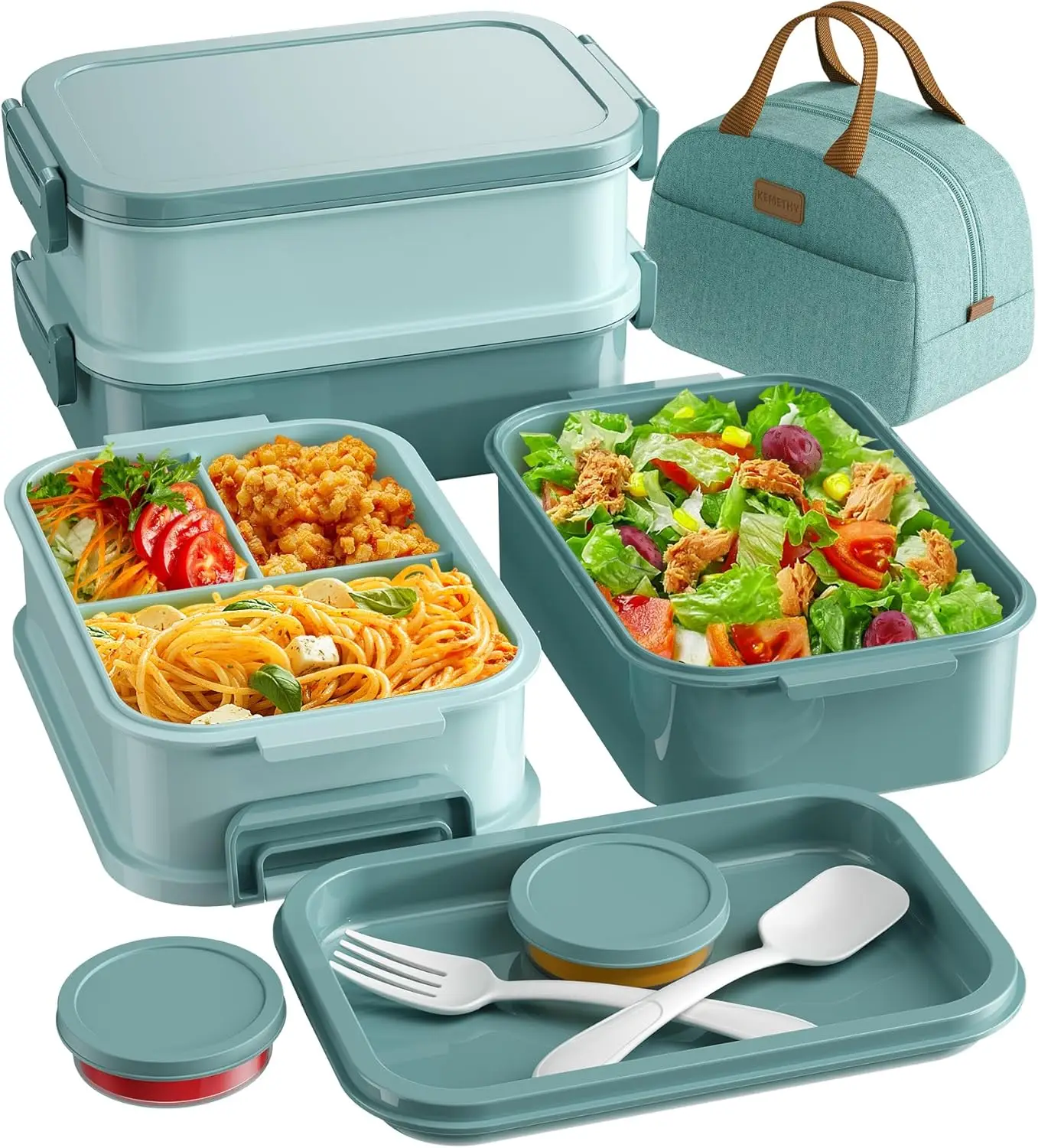 

Adults Bento Lunch Box Set with Thermo Bag, 74oz Stackable Leak-proof 3-tiers Bento Box, Built-in Utensil and Sauce Container